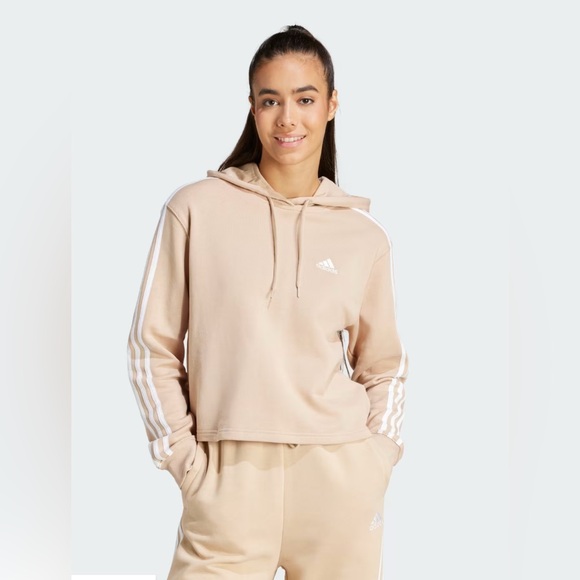ADIDAS Essential 3 Stripe Cropped Khaki Hoodie - Picture 1 of 9
